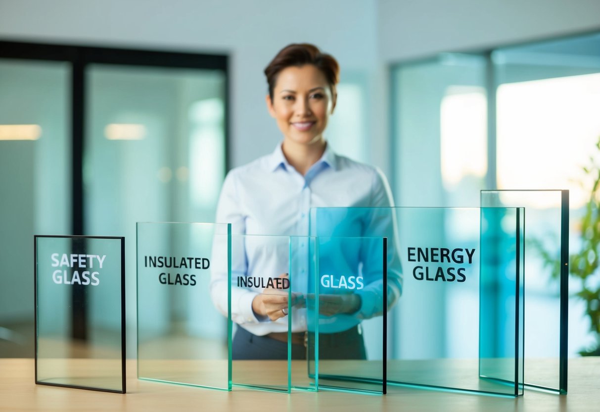 En person står framför olika glasalternativ inklusive säkerhetsglas isolerglas och energiglas och försöker bestämma vilket som ska väljas